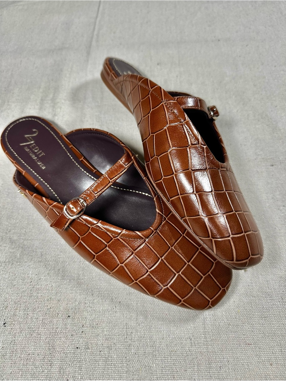 27 Edit Leather Brown Croc-Embossed Mary Jane Backless Flats